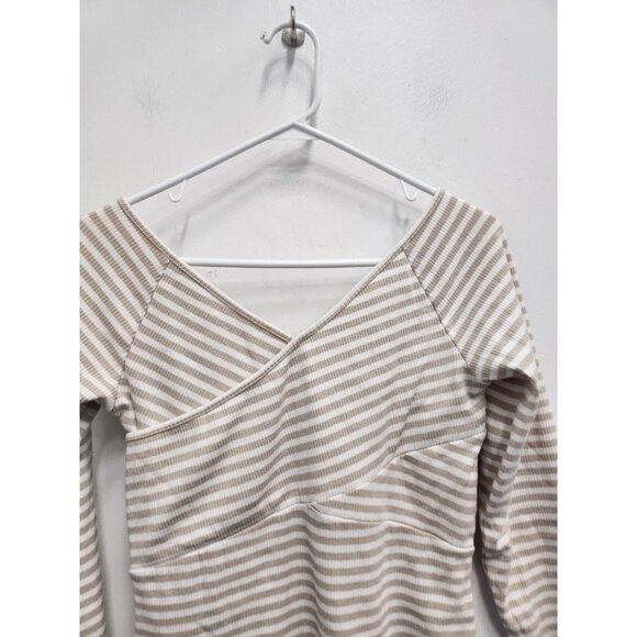 Anthropologie Deletta Womens Top Medium Tan White Striped Off Shoulder Ribbed - Picture 7 of 8